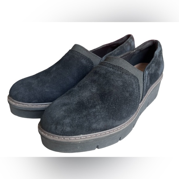 CLARKS AIRABELL MID SLIP ON SUEDE LEATHER WEDGE SHOES BLACK Size 9.5 - Picture 5 of 12
